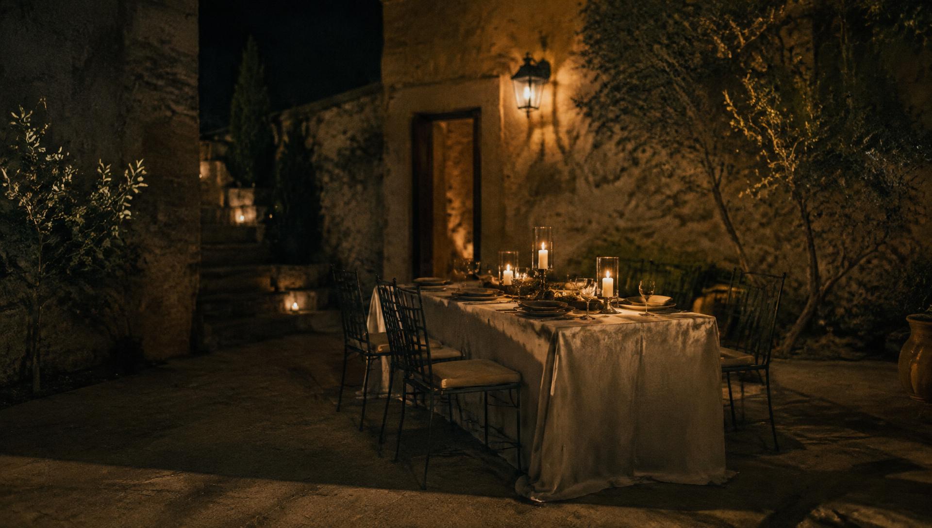 A candlelit table set in a stone courtyard at night