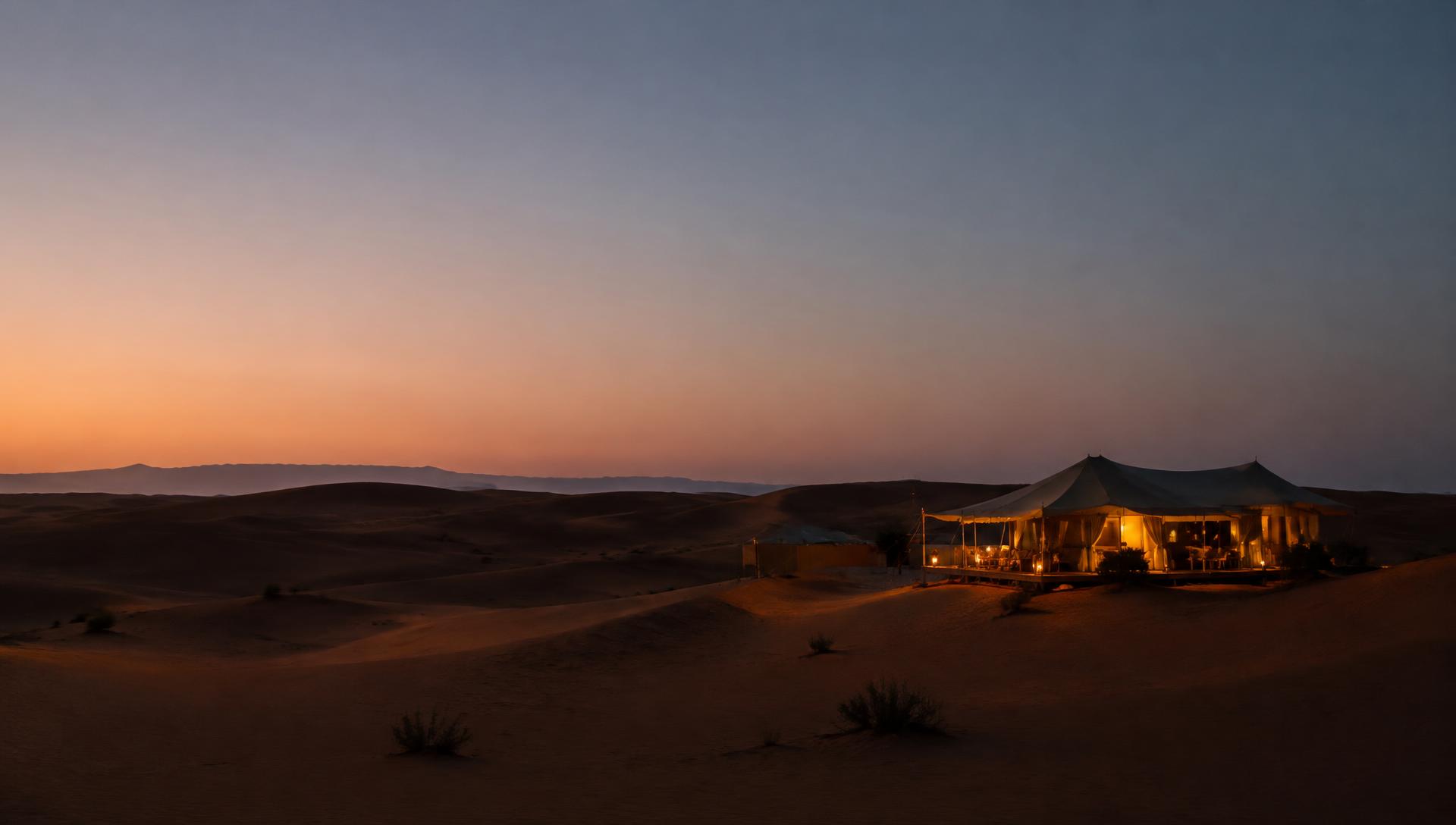 A softly lit tented camp among desert dunes at blue hour
