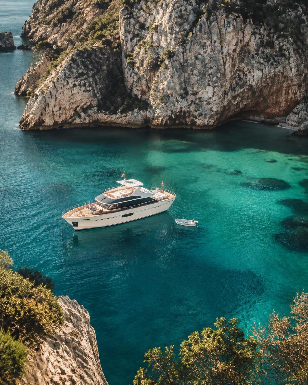 A private yacht anchored in a turquoise cove beneath limestone cliffs