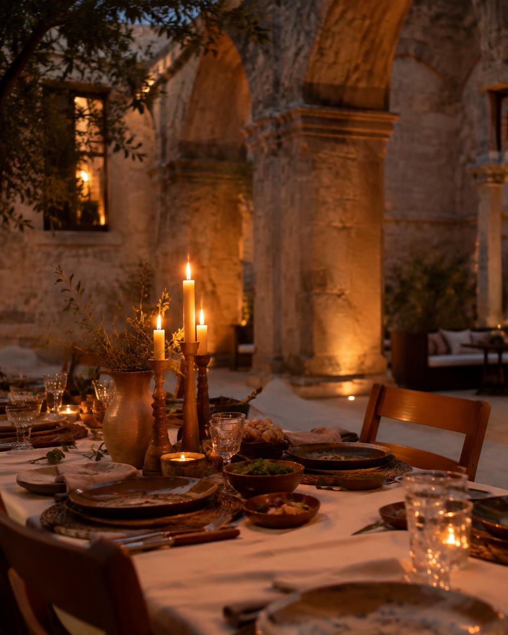 A candlelit dinner table in an ancient stone courtyard at dusk