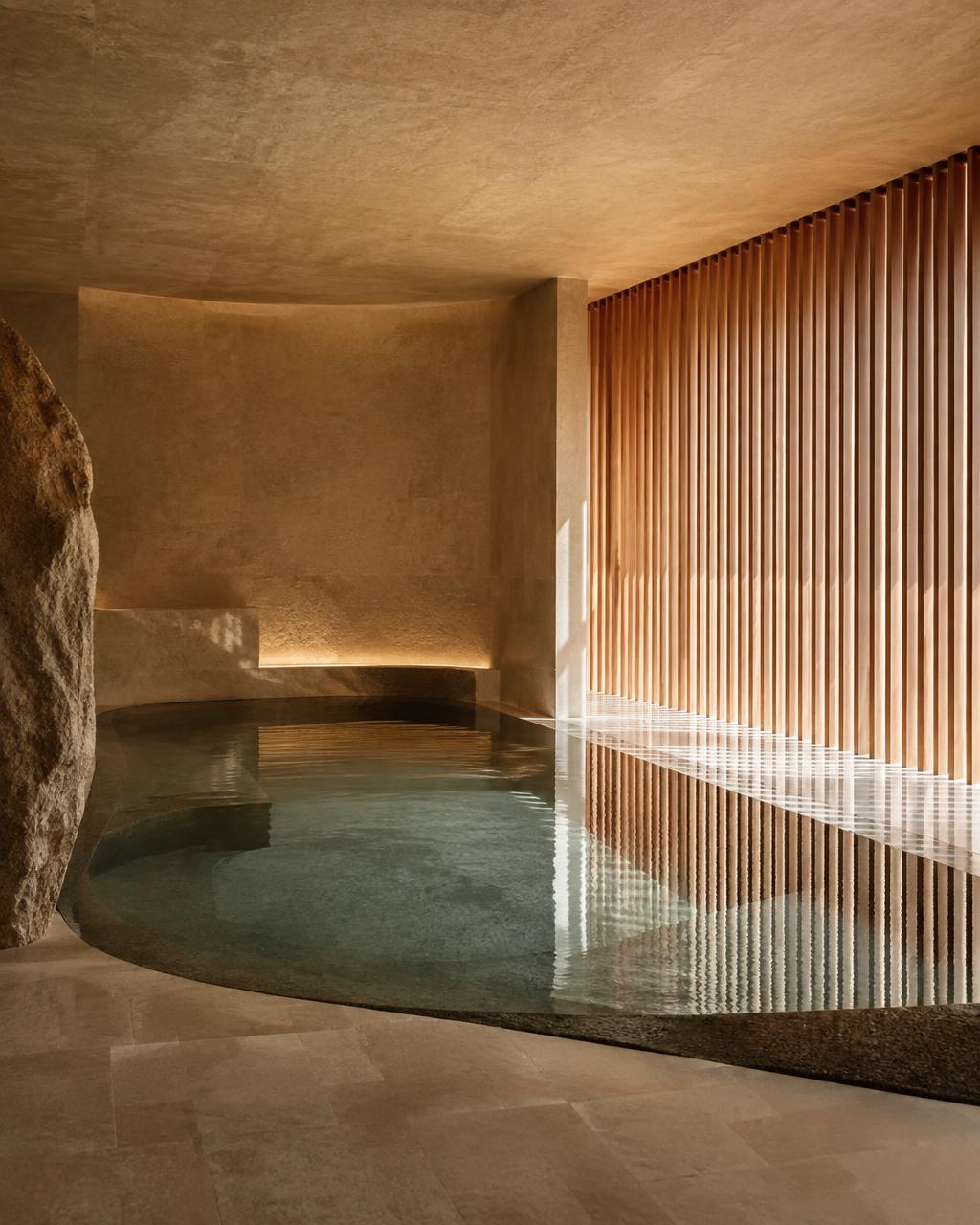 A tranquil stone pool lit by soft daylight through timber slats