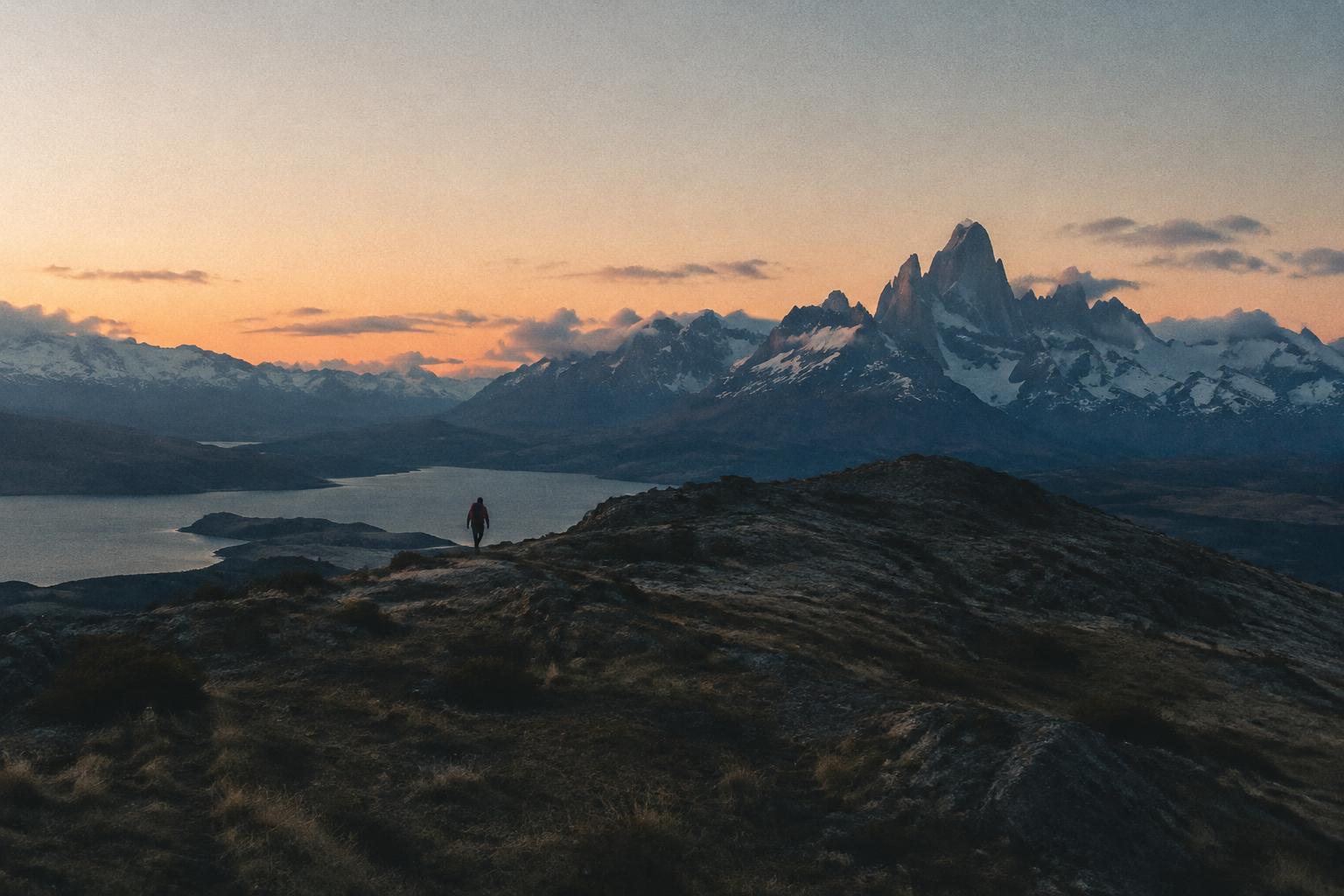 A lone walker on a mountain ridge at dawn in Patagonia