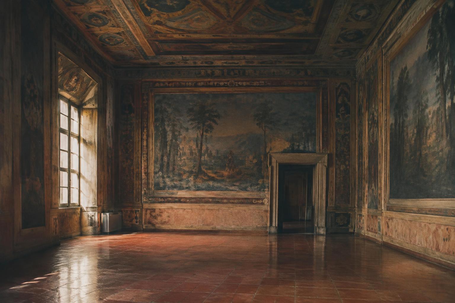 A frescoed hall in an old palazzo lit by a single window