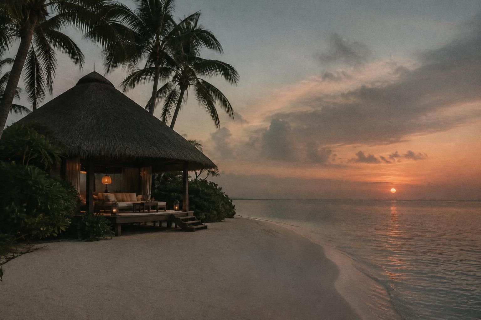A thatched beach pavilion beside a calm sea at dusk