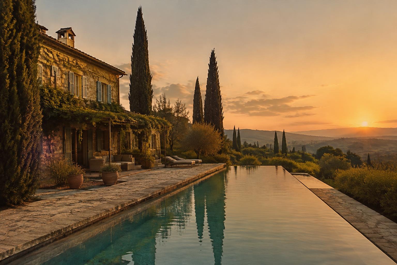 A stone villa with cypress trees and a long pool at golden hour