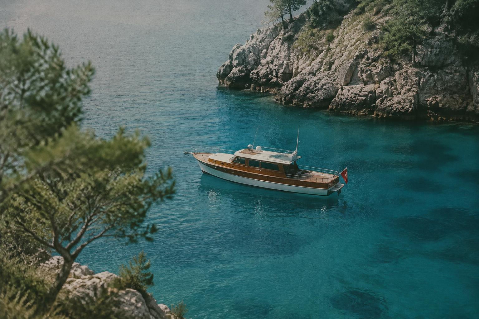 A classic wooden motor yacht anchored in a turquoise cove