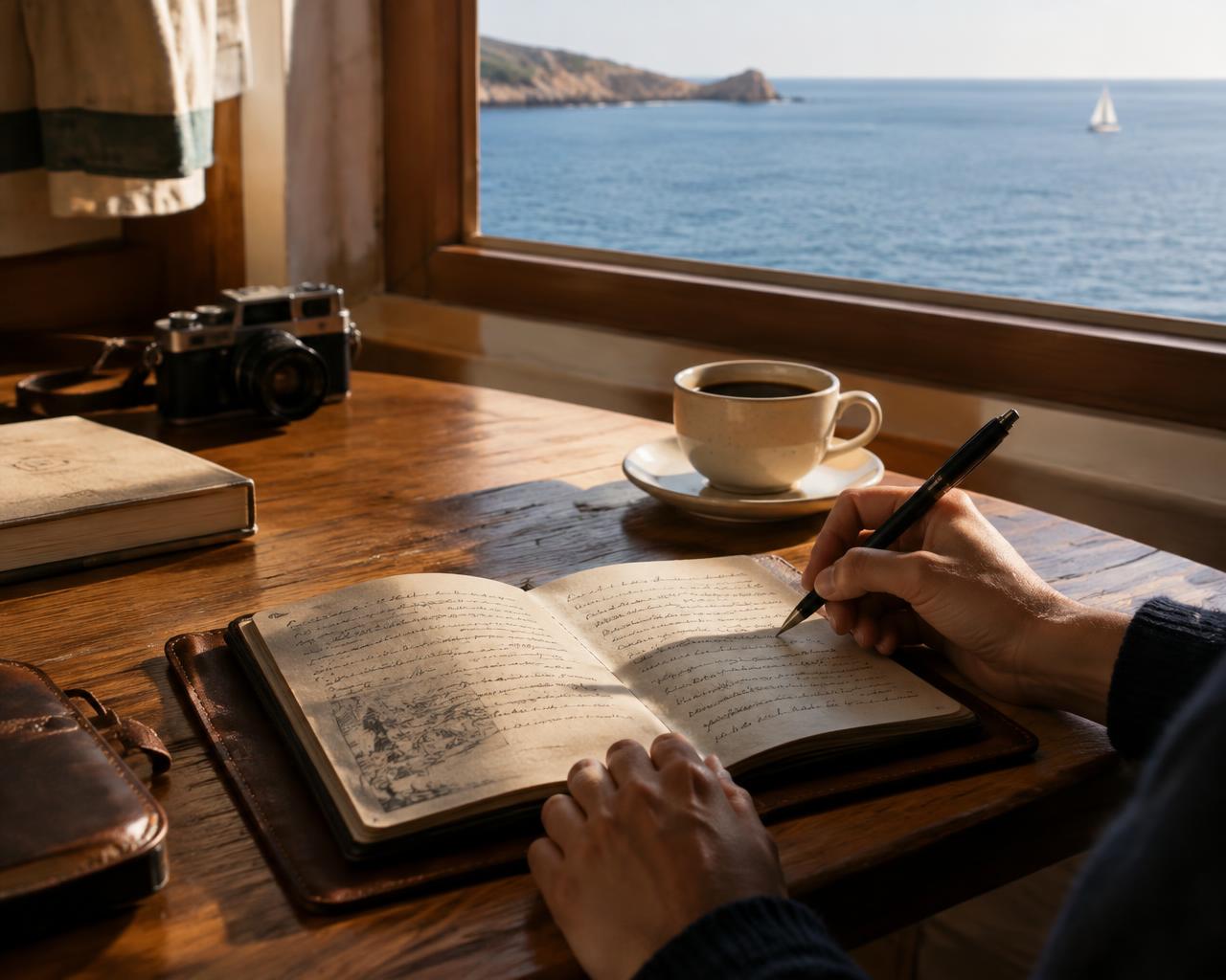 Writing in a leather travel journal beside a window overlooking the sea