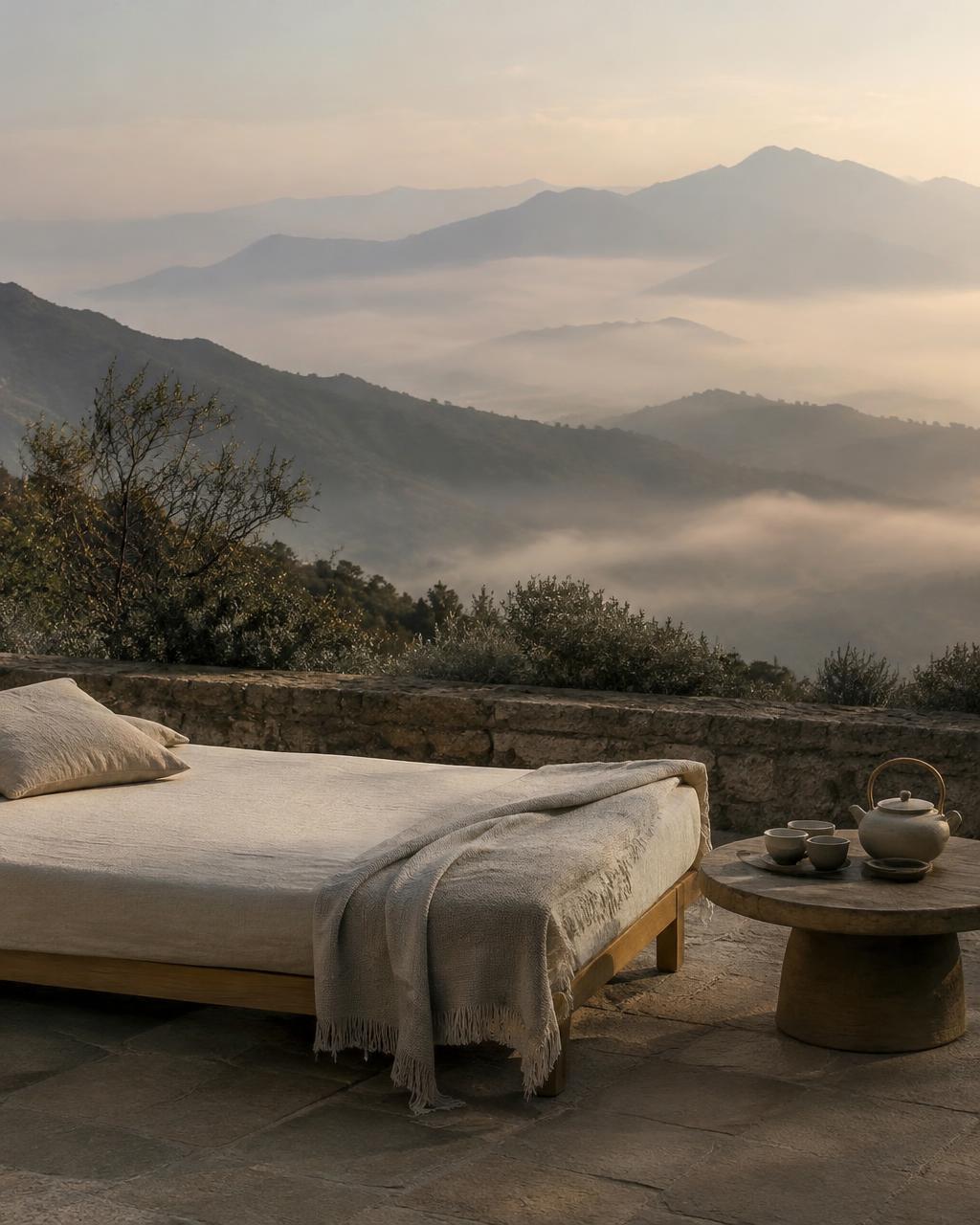 A linen daybed on a stone terrace above misty mountains at dawn