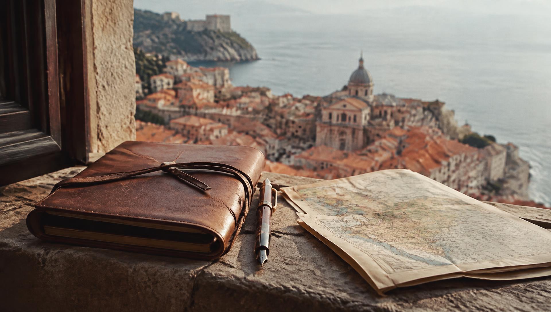 A leather journal, pen and map on a stone windowsill above an old coastal town